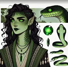 a drawing of a woman with green eyes and snakes around her neck