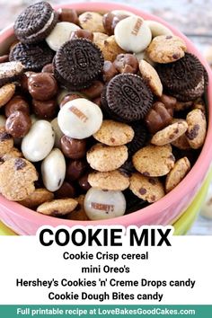 a bowl filled with cookies and oreos on top of a table next to a sign that says cookie mix