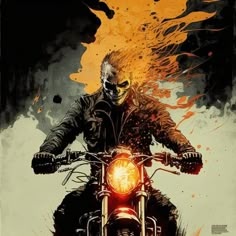 a man riding on the back of a motorcycle with flames coming out of his face