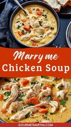 mary me chicken soup in a blue bowl with bread on the side and red border