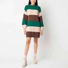 You'll love this wide striped women's and junior's sweater dress from by&by for its cozy oversized aesthetic and earthy colors perfect for the cooler months. Made from a soft ribbed knit with a hint of stretch, this short pullover dress has a crew neck and long drop-shoulder sleeves. Wear it with mary janes or boots. Closure Type: Pullover HeadNeckline: Crew NeckSleeve Length: Long SleeveSleeve Style: Drop-Shoulder SleeveApparel Length: 34 InchesDress Length: Short LengthFiber Content: 99% Polye Short Pullover, Oversized Aesthetic, Striped Sweater Dress, Sweater Dresses, Medium Dress, Large Dress, Sweater Dress Women, Small Dress, Earthy Colors