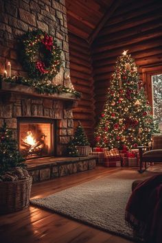 Christmas Cabin In The Woods Living Room, Christmas Tree By The Fireplace, Christmas Tree With Fireplace, Christmas In Cabin, Log House Christmas Decorating, Christmas House Background, Woodsy Christmas Aesthetic, Rustic Fireplace Christmas Decorations, Forest Christmas Aesthetic