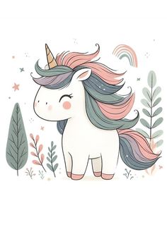 an illustration of a unicorn with long hair and a crown on it's head