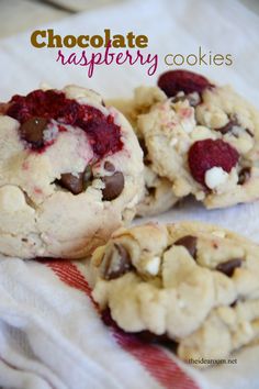 chocolate raspberry cookies are sitting on a towel