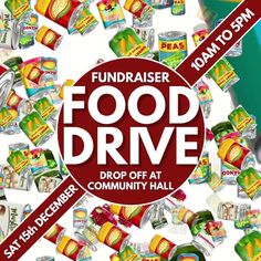 food drive flyer with many different items in the air and on top of each other