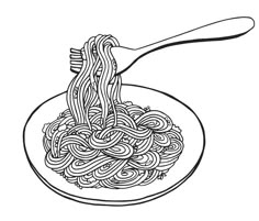 spaghetti in a bowl with a fork on the side metal print by person, black and white