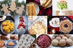 a collage of different foods and desserts on plates, cakes, cookies, pies