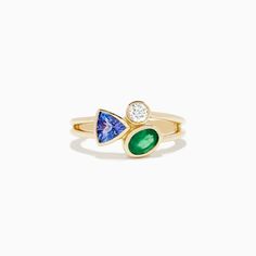 Effy 14K Yellow Gold Tri Stone Diamond, Emerald and Tanzanite Ring Tanzanite And Emerald Ring, Green Tanzanite Multi-stone Jewelry, Laos Jewelry, Tanzanite Ring, Emerald Ring, Gold Yellow, Jewelry Ideas, Sapphire Ring, Emerald