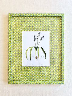 a green and white frame with two flowers in it on a tablecloth covered surface