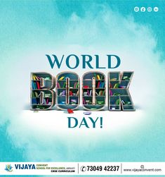 the words world book day written in 3d letters with bookshelves behind them on a blue background