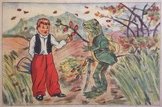 an old children's book illustration shows a boy feeding a frog