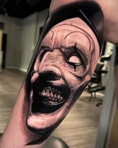 realism tattoo Django Tattoo, Art The Clown Tattoo, Clown Tattoo Design, Terrifier Tattoo, Realism Tattoo Ideas, Horror Reference, Evil Clown Tattoos, Horror Movie Tattoos, American Traditional Tattoo Ideas