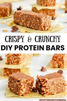 crispy and crunchy diy protein bars with chocolate chips on top