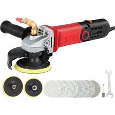 an angle grinder with tools and accessories on a white background, including two discs