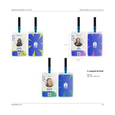 four id cards with blue and green flowers on them, one has a woman's face in the center