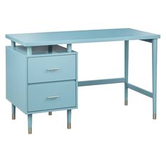 a blue desk with two drawers on each side and an open drawer at the top