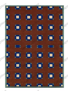 a red rug with blue and white squares on it