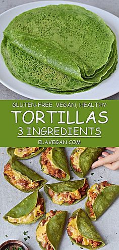 tortillas with three ingredients on a white plate and the title overlay reads, gluten - free vegan healthy tortillas 3 ingredients