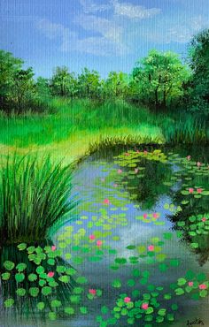 a painting of water lilies and green grass