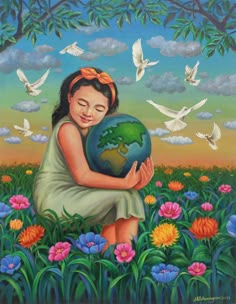 a painting of a girl holding the earth in her hands