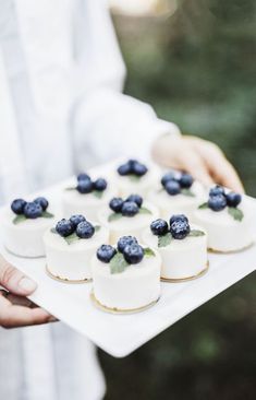 a person holding a plate with small cakes and blueberries on it