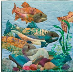 a painting of fish swimming in the ocean with rocks and plants on it's sides