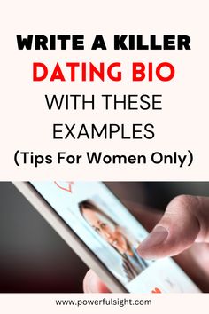 a woman's hand holding an ipad with the text write a killer dating bio with these examples tips for women only