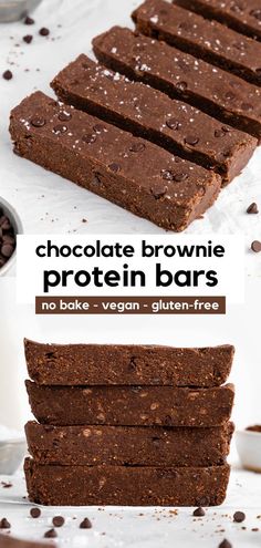 chocolate brownie protein bars stacked on top of each other