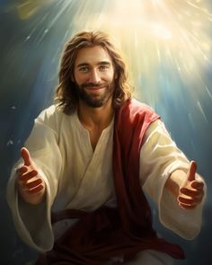 jesus giving the thumbs up sign with his arms stretched out and sunlight streaming through him