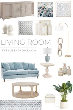 the living room is filled with blue and white furniture