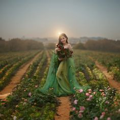 a woman in a green dress standing in a field with flowers on the ground and sun shining behind her