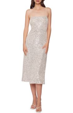 Perfectly paired with a glass of something sparkling, this sequin midi enchants from entrance to exit thanks to a showy open back. 45" center front length (size Medium) Hidden back zip; keyhole with hook-and-eye closure Square neck Adjustable straps Lined 95% polyester, 5% spandex Hand wash, line dry Imported Knee-length Sequin Dress For Wedding Party Season, Knee-length Sequin Dress For Wedding Party, Knee-length Sequin Dress For Wedding, Summer Embellished Midi Sequin Dress, Sequin Prom Midi Dress, Spring Midi-length Sequin Dress, Glamorous Sequined Summer Midi Dress, Glamorous Sequined Midi Dress For Summer, Fitted Midi Dress With Contrast Sequin For Summer