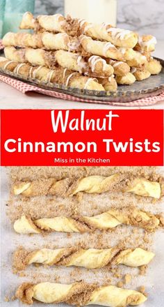 cinnamon twists are stacked on top of each other with the words walnut cinnamon twists above them