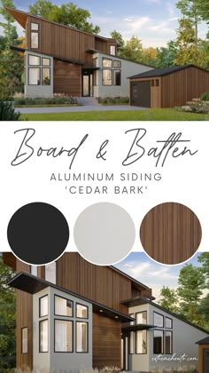 the front and back side of a modern house with wood siding, white paint and black accents