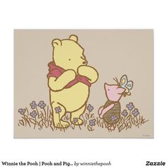 a winnie the pooh and piglet poster with blue flowers in the foreground