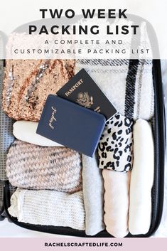 an open suitcase filled with luggage, passport and other personal items text overlay reads two week packing list