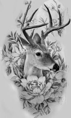 a black and white photo of a deer with flowers on it's back side