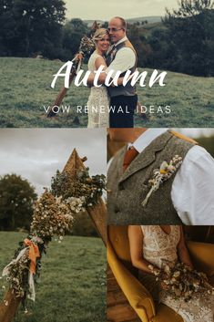 a collage of photos with the words autumn written in white, and an image of a bride and groom