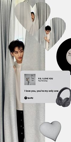 an advertisement for headphones with the words i love you on it and images of people peeking out from behind curtains