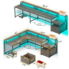 three different types of desks with blue lights on the top and bottom, including one for