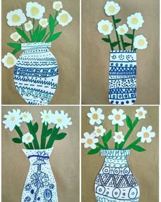 four pictures of different vases with flowers in them and one has white daisies