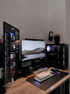 a desk with two computer monitors and a keyboard