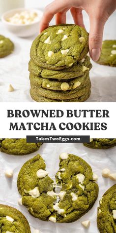 a stack of green cookies with white chocolate chips on top and the title above reads browned butter matcha cookies