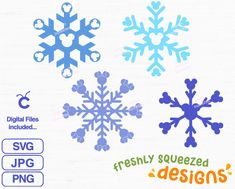 four snowflakes are shown in different colors