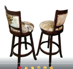 two wooden stools with cow hide upholstered backrests and foot rest