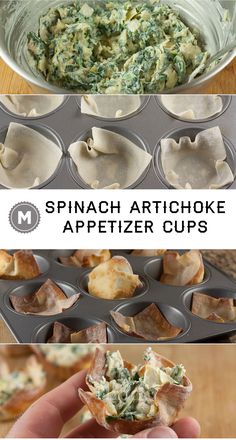 spinach artichoke appetizer cups in muffin tins with text overlay