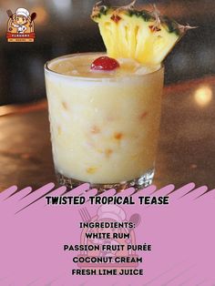 an advertisement for a tropical drink with pineapple and white rum on the side, in front of a pink background