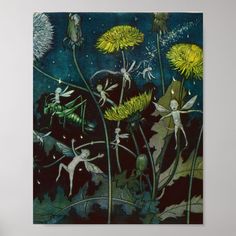 a painting with yellow dandelions in the foreground