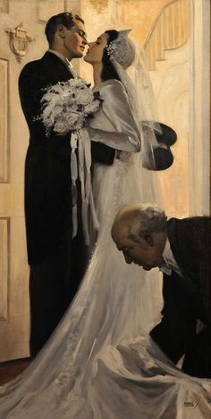 a painting of a bride and groom kissing in front of an older man wearing a suit