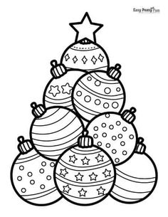 a christmas tree with ornaments and stars on it, coloring pages for adults to print